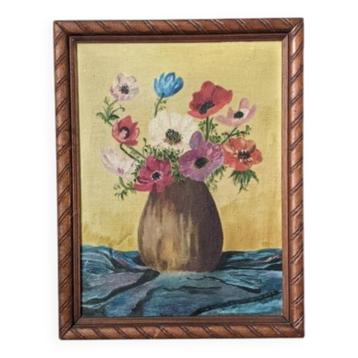 Tableau acrylique sur toile nature morte ancienne bouquet de fleurs