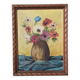 Acrylic painting on canvas, old still life, bouquet of flowers
