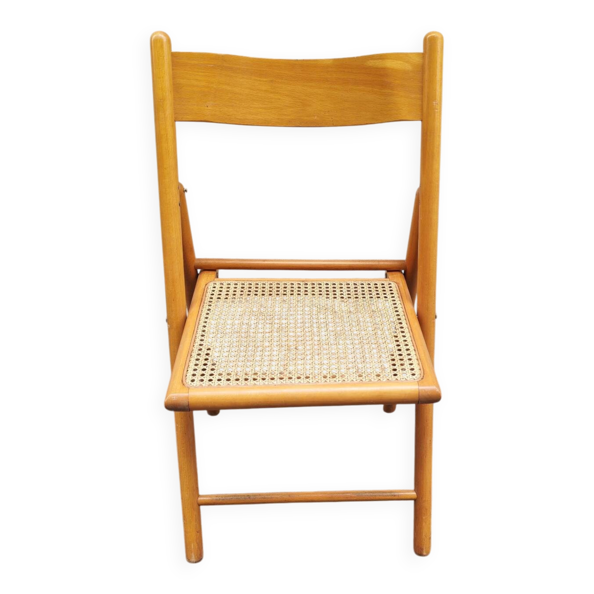 Chaise pliante en bois et cannage 1980