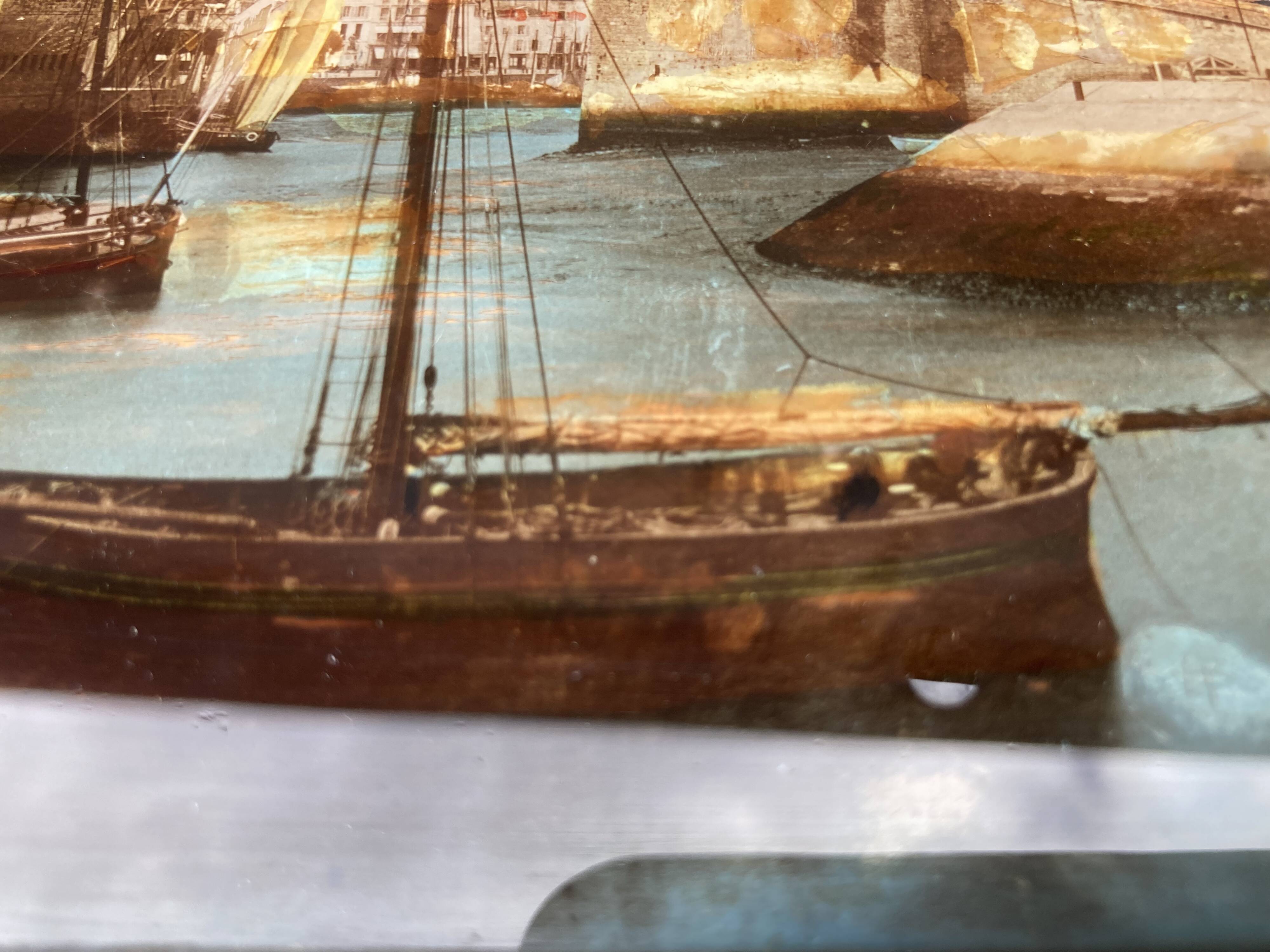 painting fixed under glass port of La Rochelle 19th century