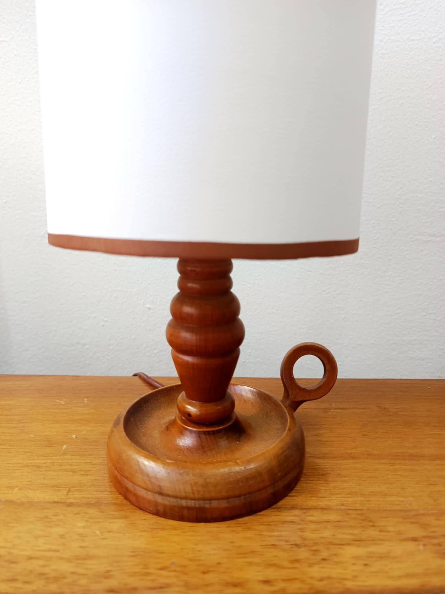 Vintage wooden lamp with white faux leather shade