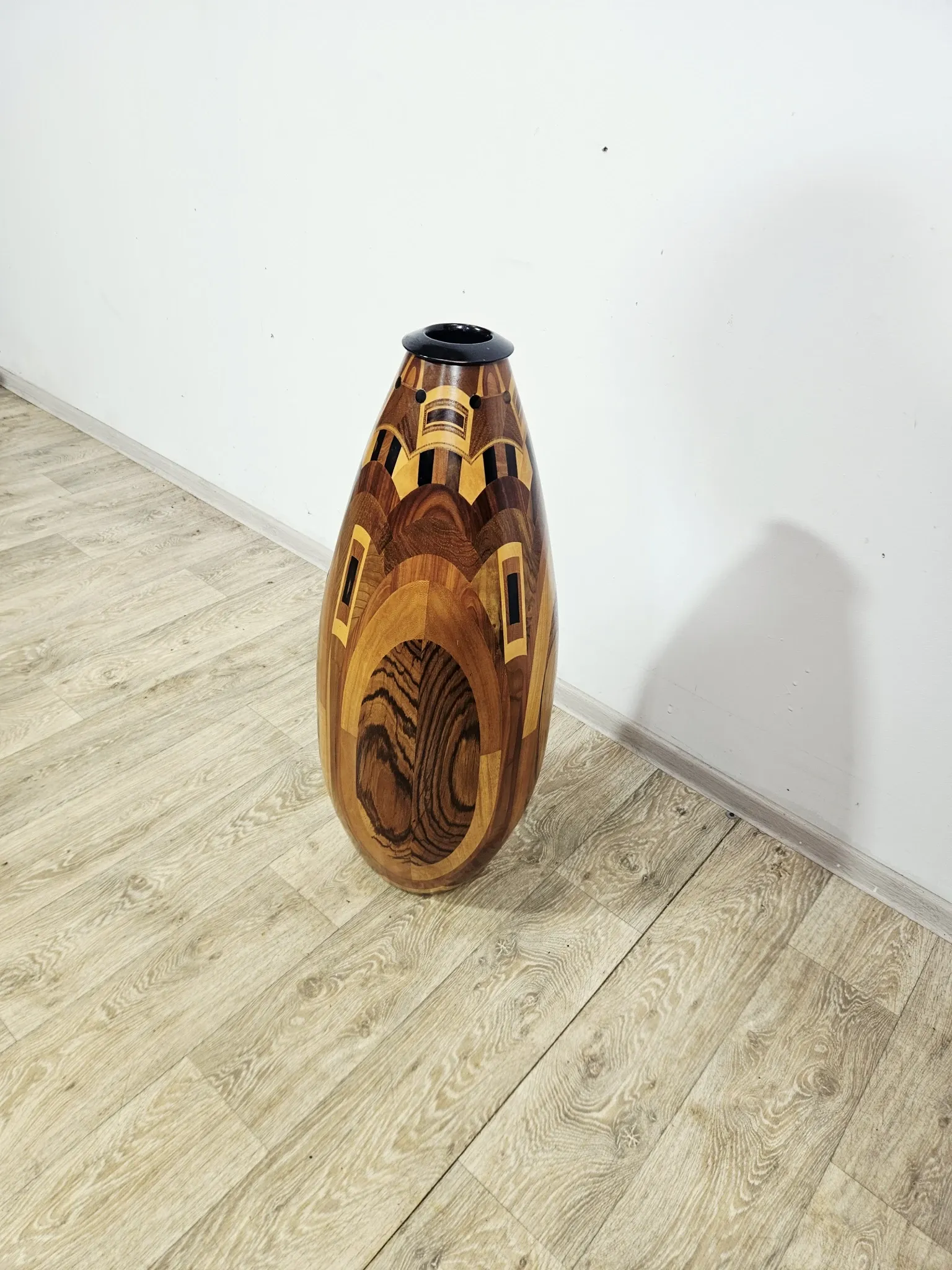 Monumental wooden floor vase / intarsia / wood mosaic / Africa / 1950s–1960
