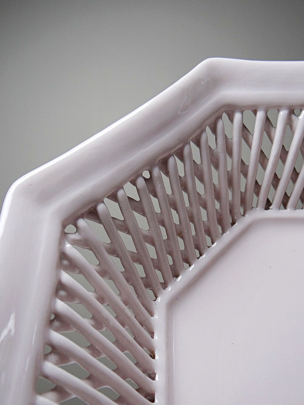 Pale pink woven octagonal porcelain bowl, circa 1950.