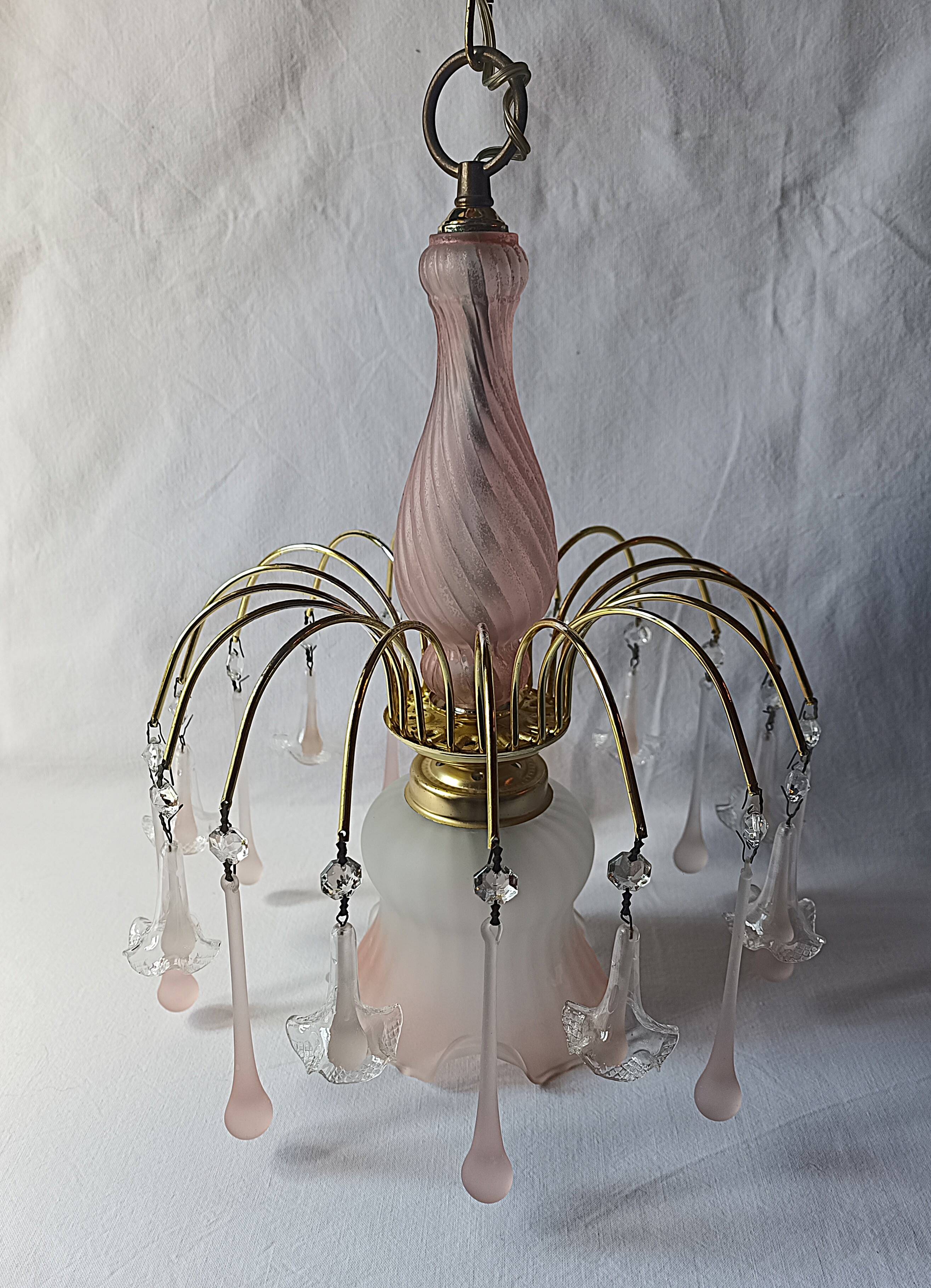 Vintage pink glass drop and flower chandelier pendant light.