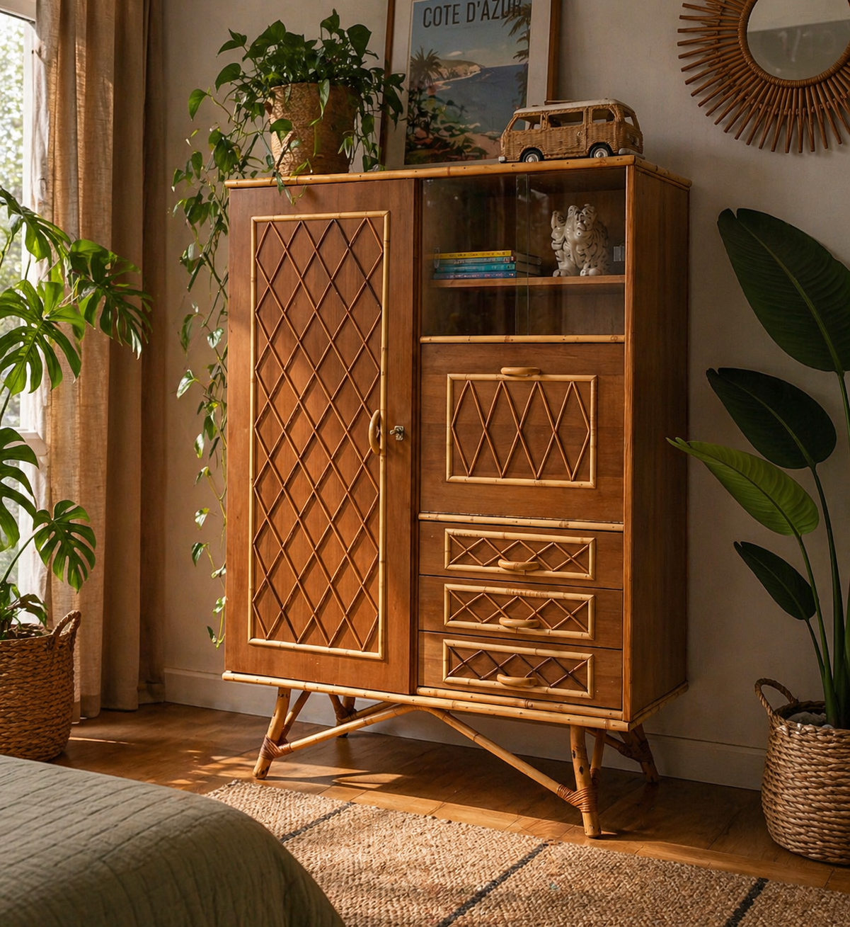 Rattan wardrobe with tapered legs from the 1960s.