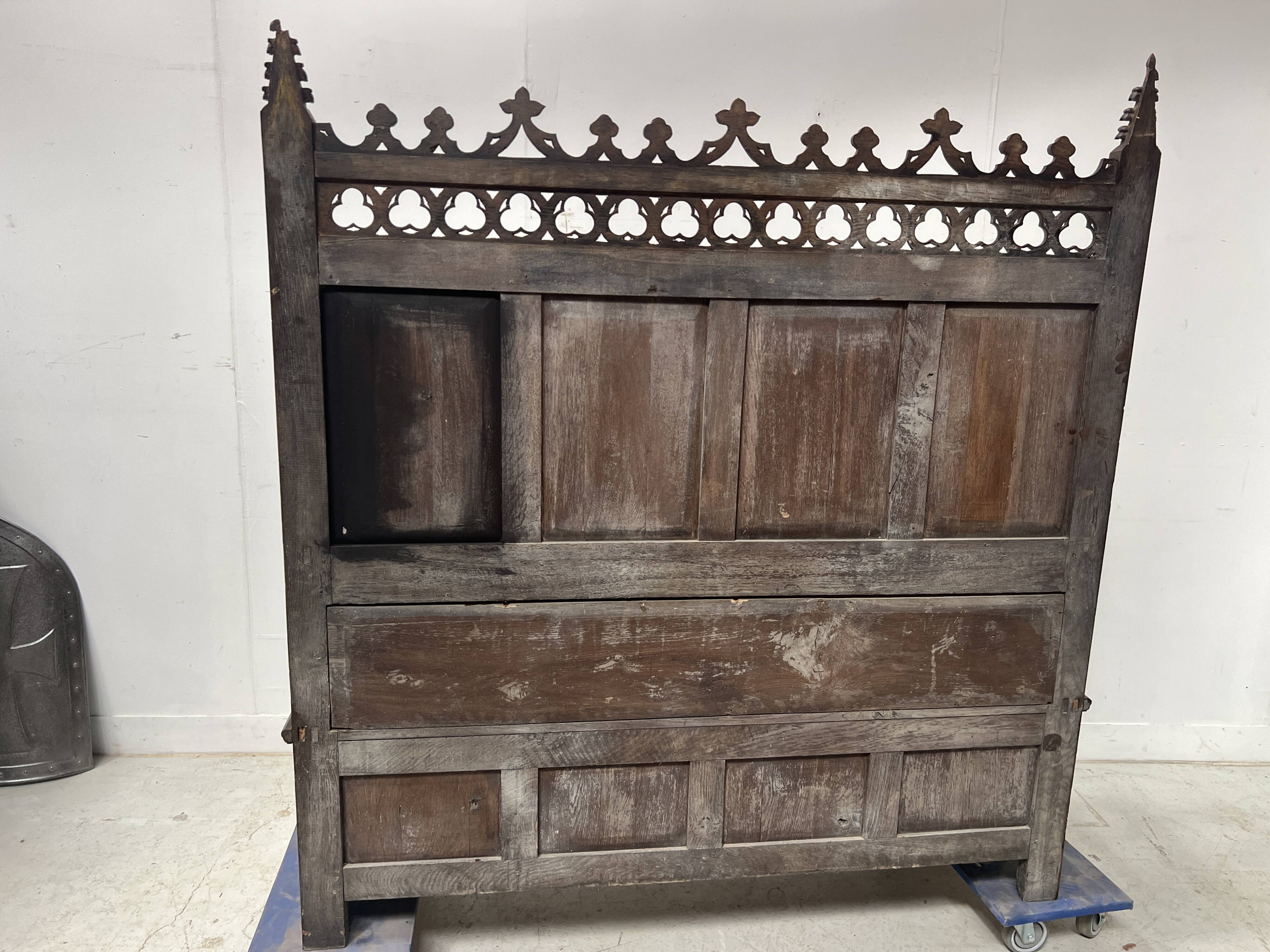 Gothic style carved oak chest bench, 19th century