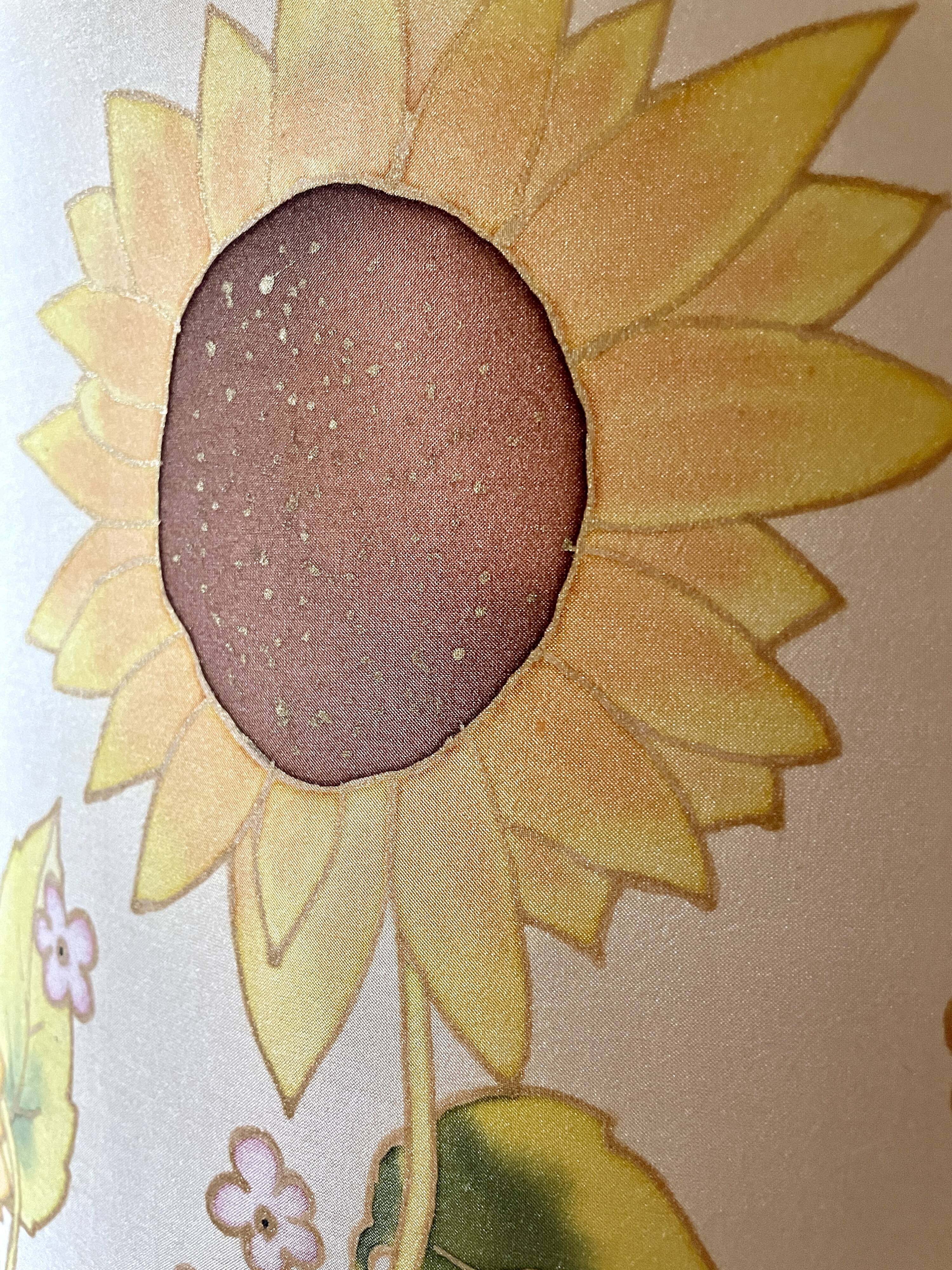 Large sunflower lamp signed silk and rattan 1970