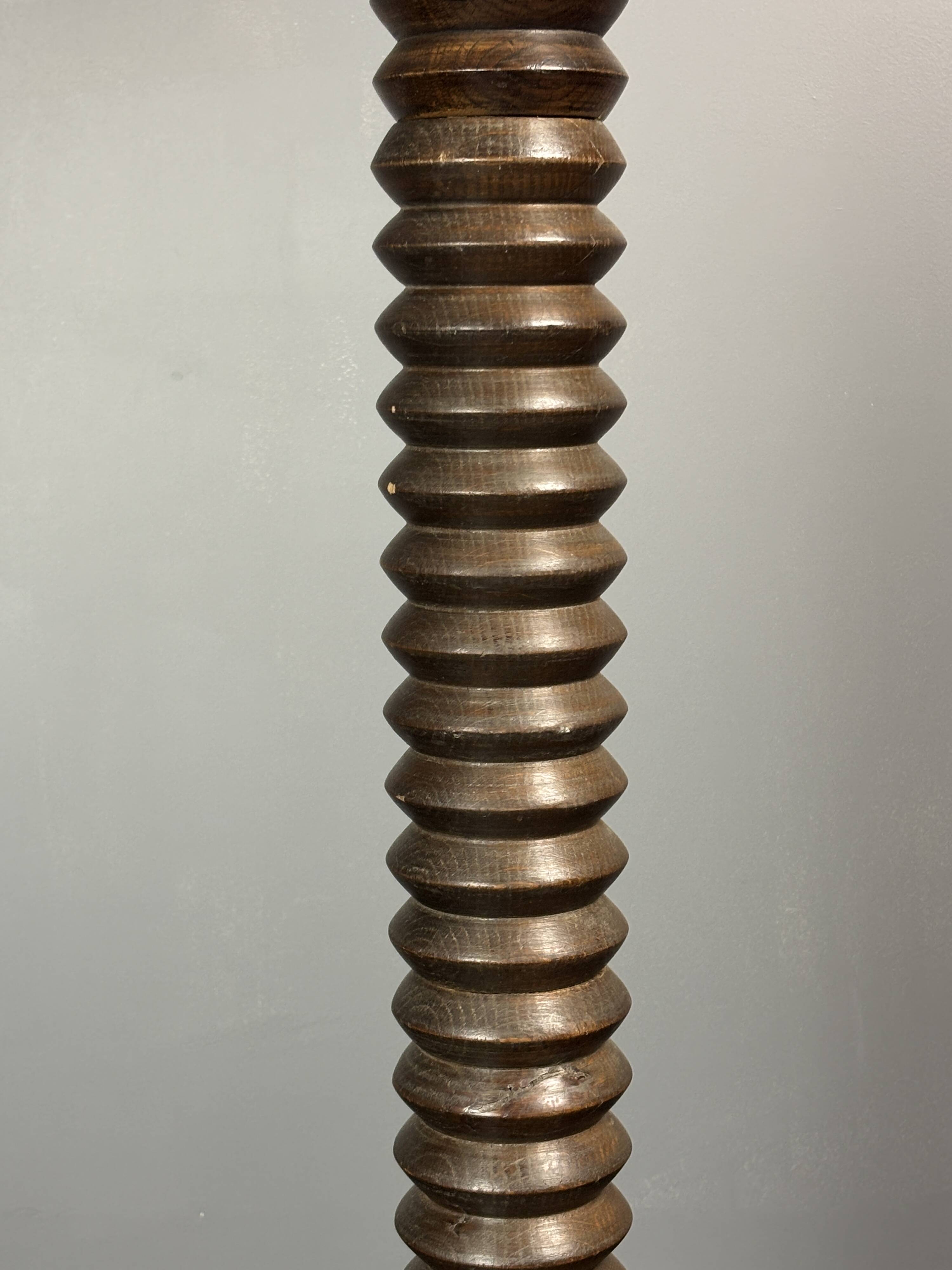 Midcentury brutalist chunky wood turned floor lamp, Charles Dudouyt style.