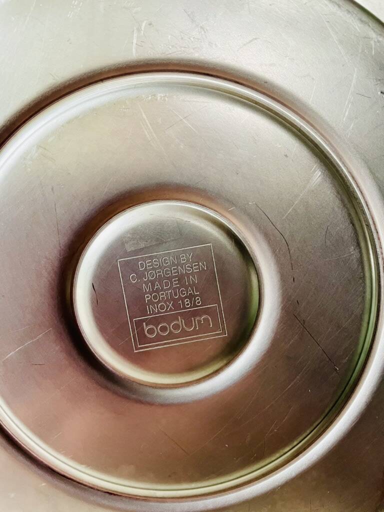 Vintage Bodum Ottoni stainless steel kettle designed by Carsten Jørgensen 1986, button.