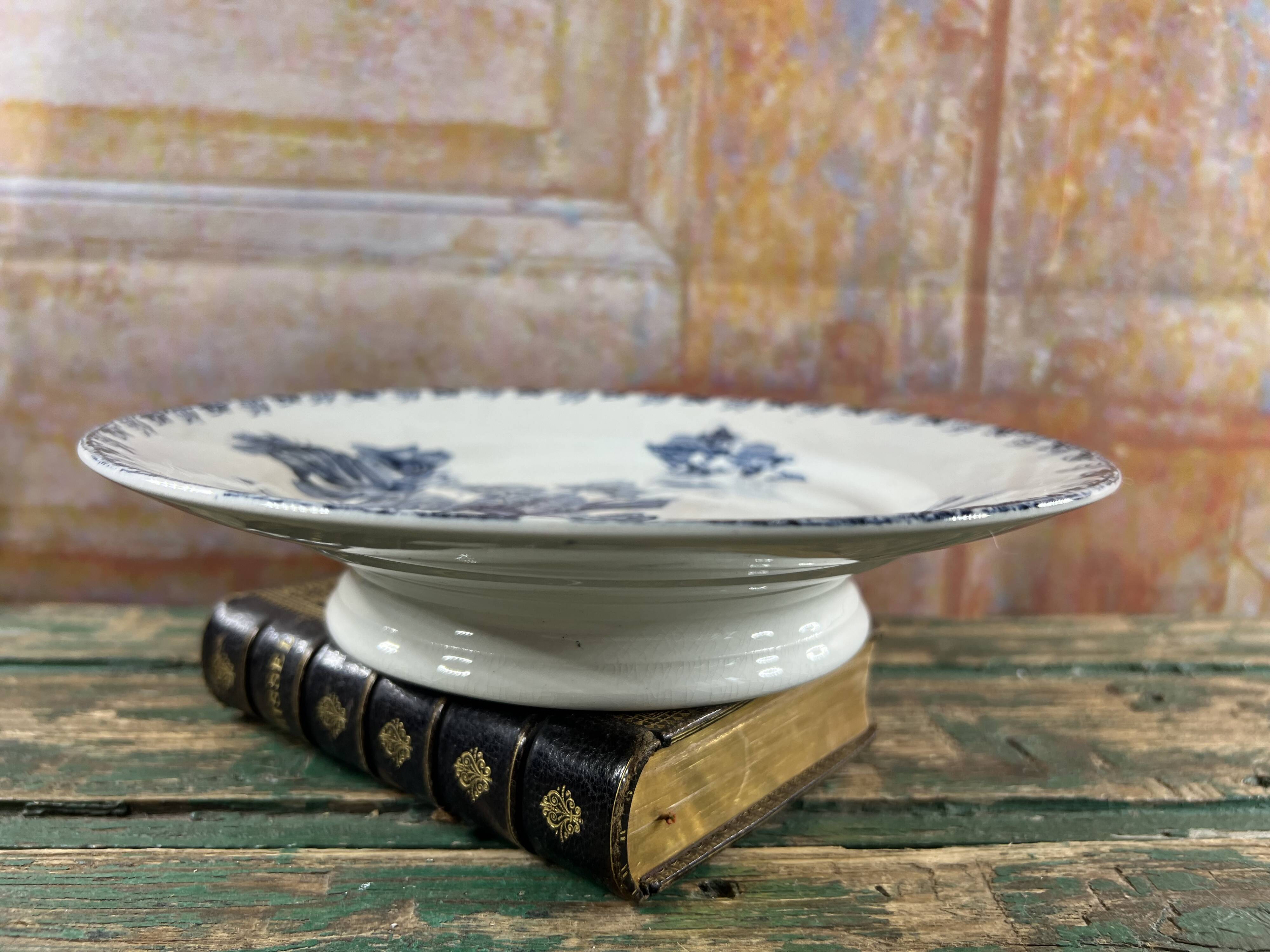 Sarreguemines Stella model plate on heel with blue decoration, 19th century