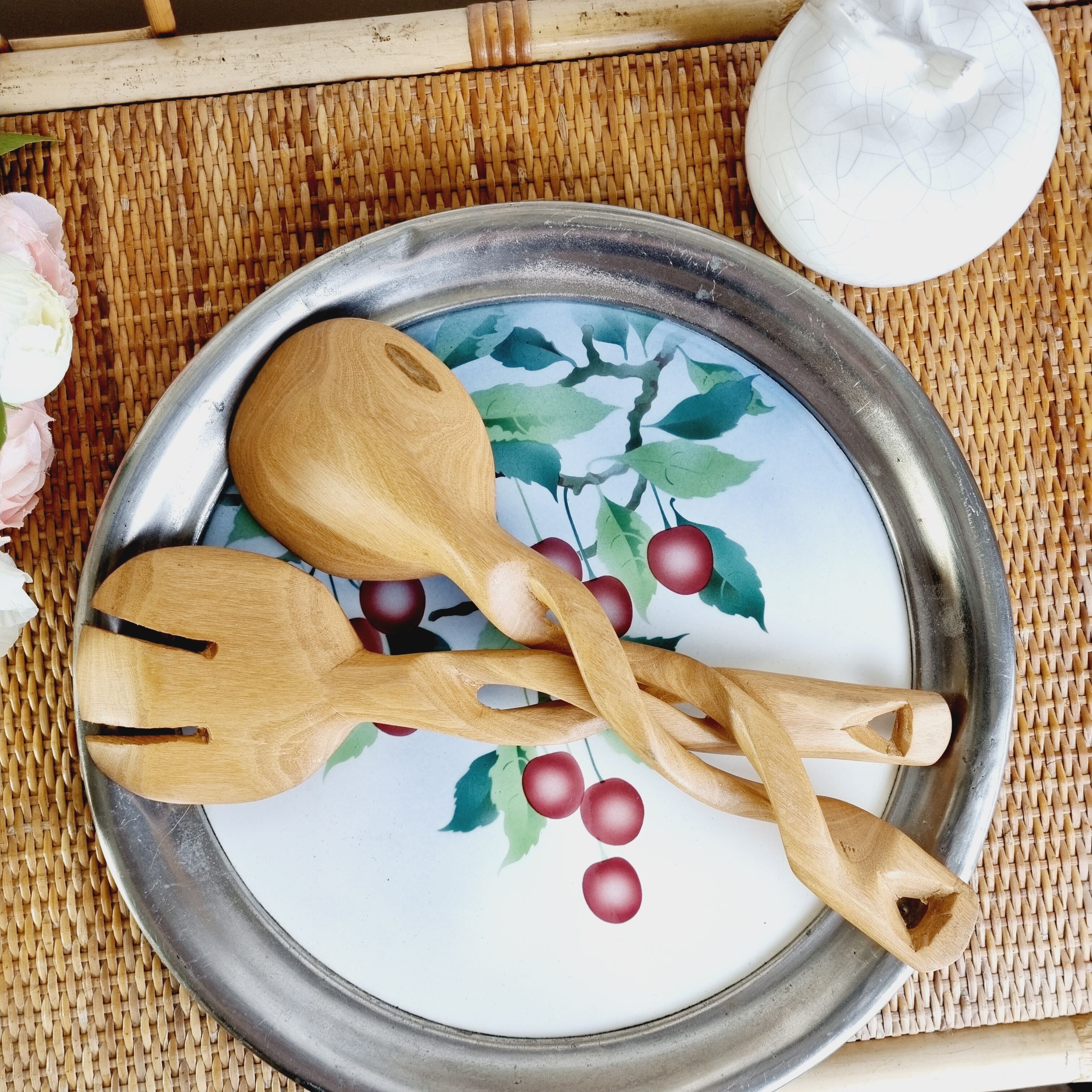 Set of hand-carved olive wood salad cutlery