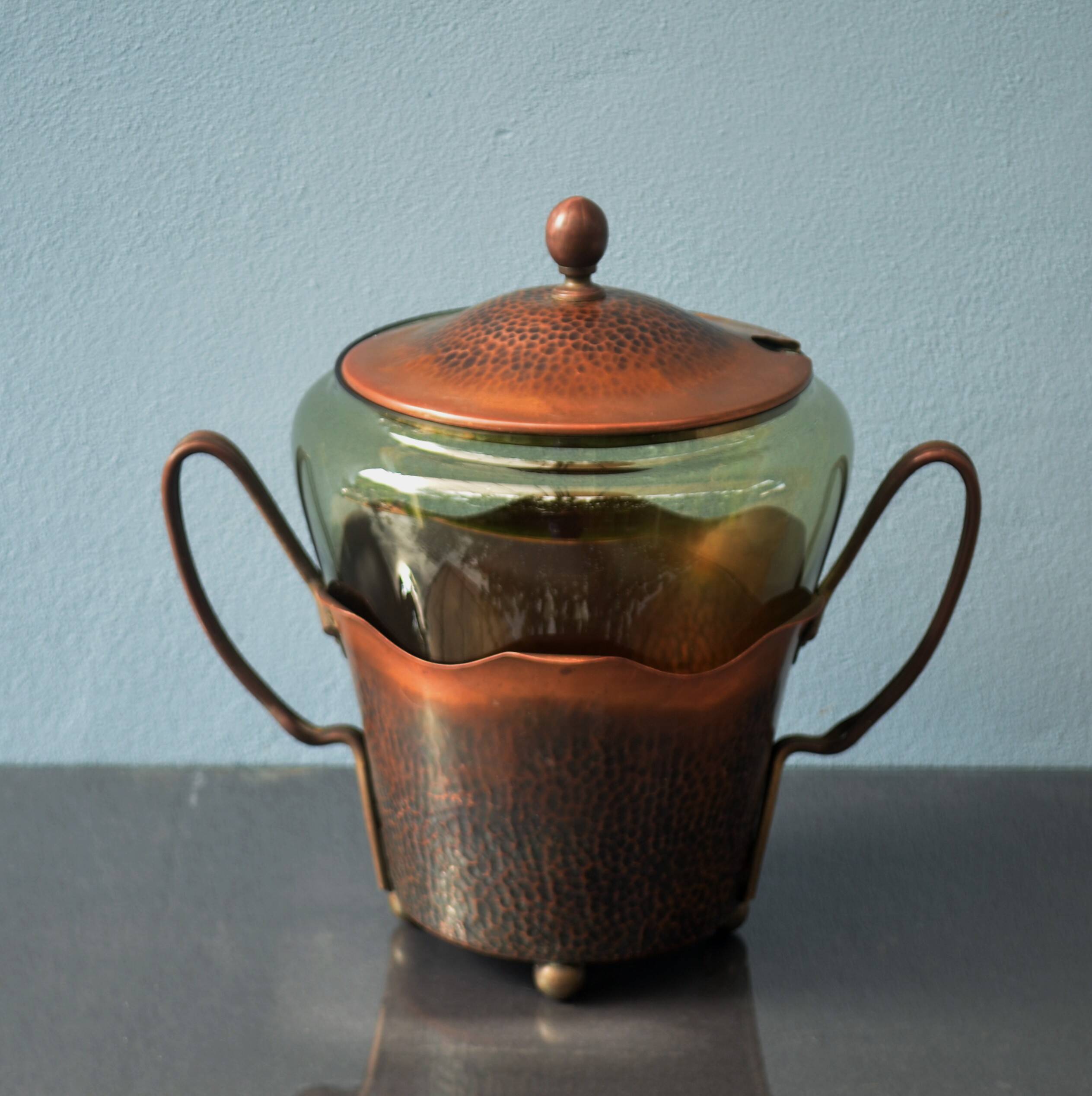 Art Nouveau Smoked Glass Punch Bowl Copper Crafted by Carl Deffner