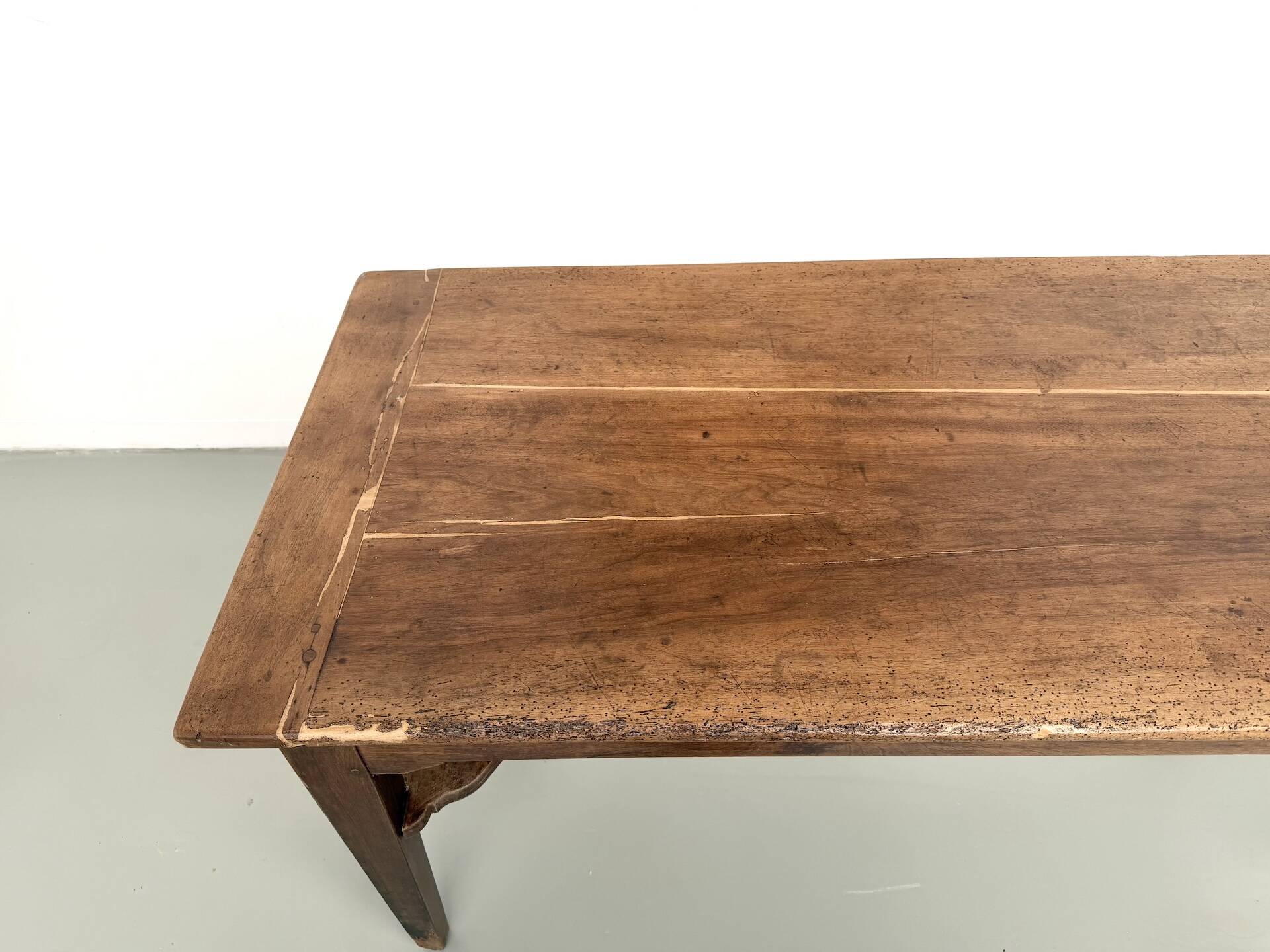 Farm table, old solid oak dough trough, France, around 1920.