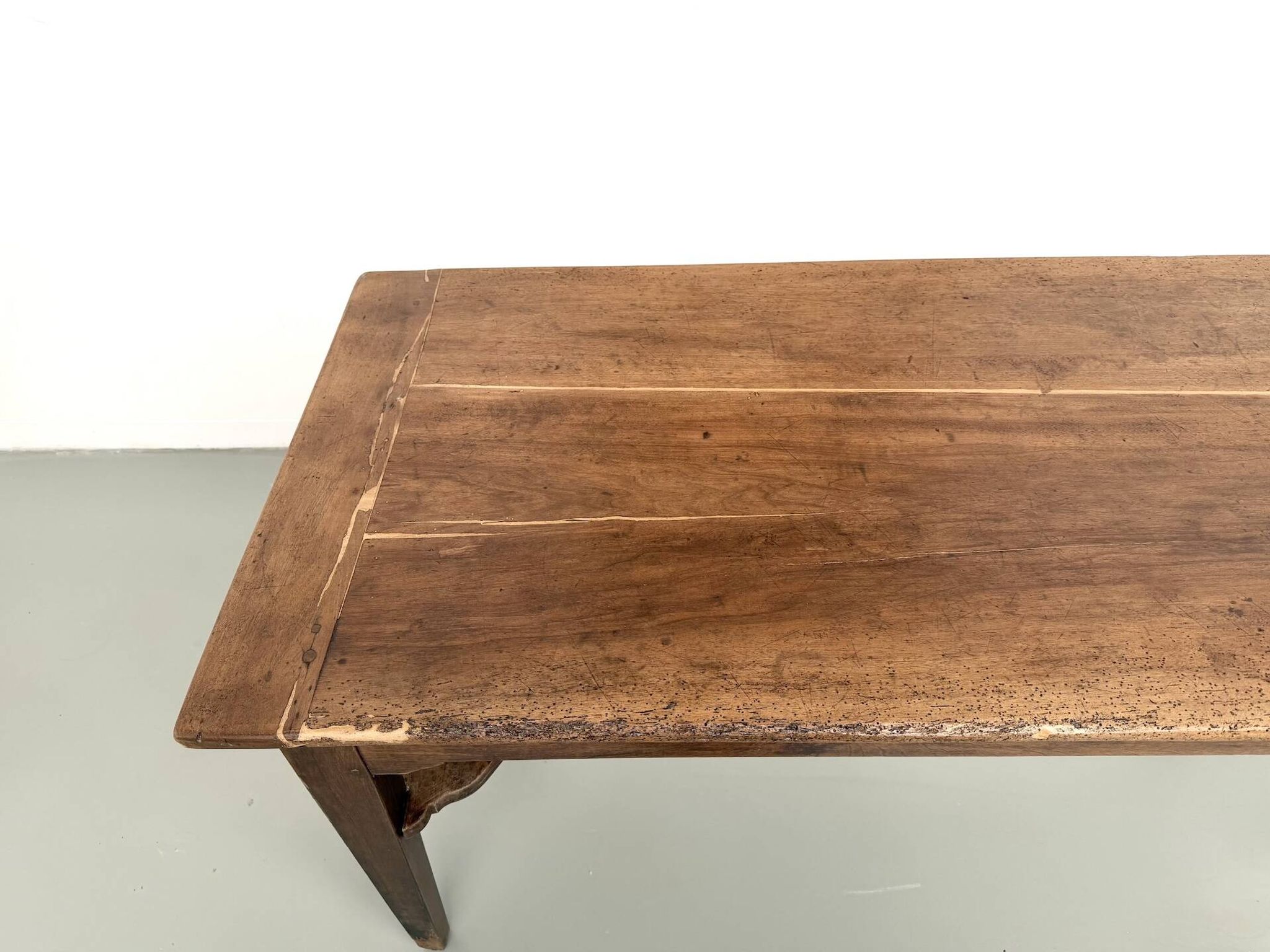 Farm table, old solid oak dough trough, France, around 1920.