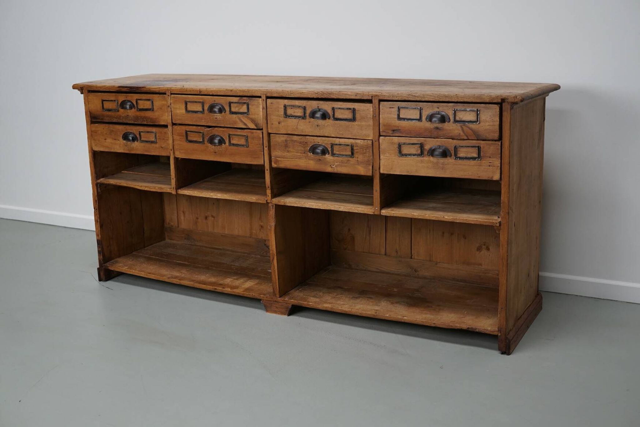 Vintage rustic German pine apothecary cabinet / shop counter, 1930s