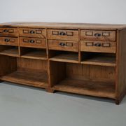 Vintage rustic German pine apothecary cabinet / shop counter, 1930s