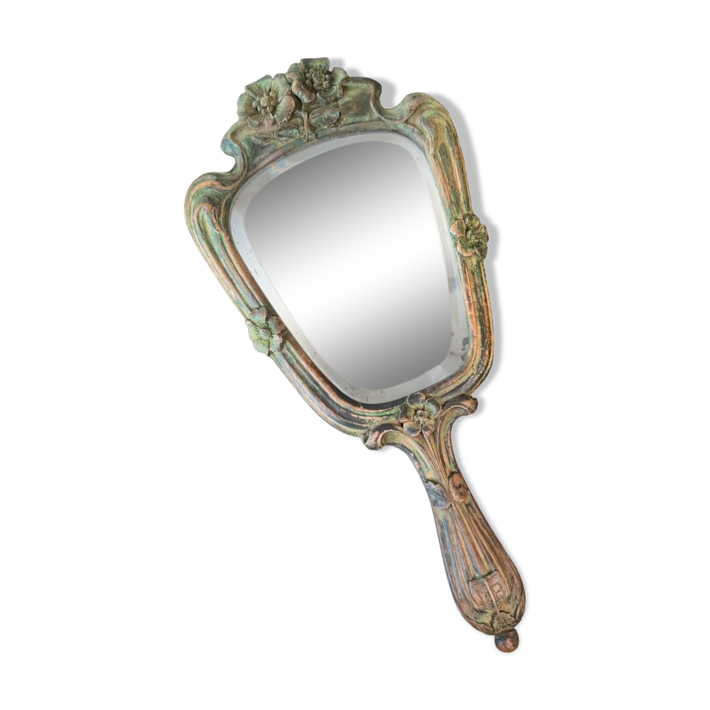 Wooden “hand-held” mirror with MB initials