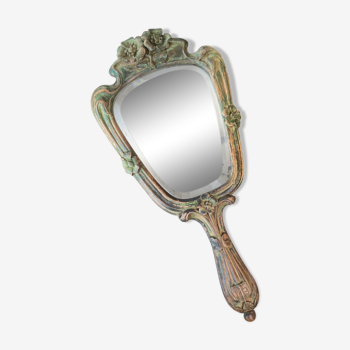 Wooden “hand-held” mirror with MB initials