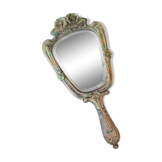 Wooden “hand-held” mirror with MB initials