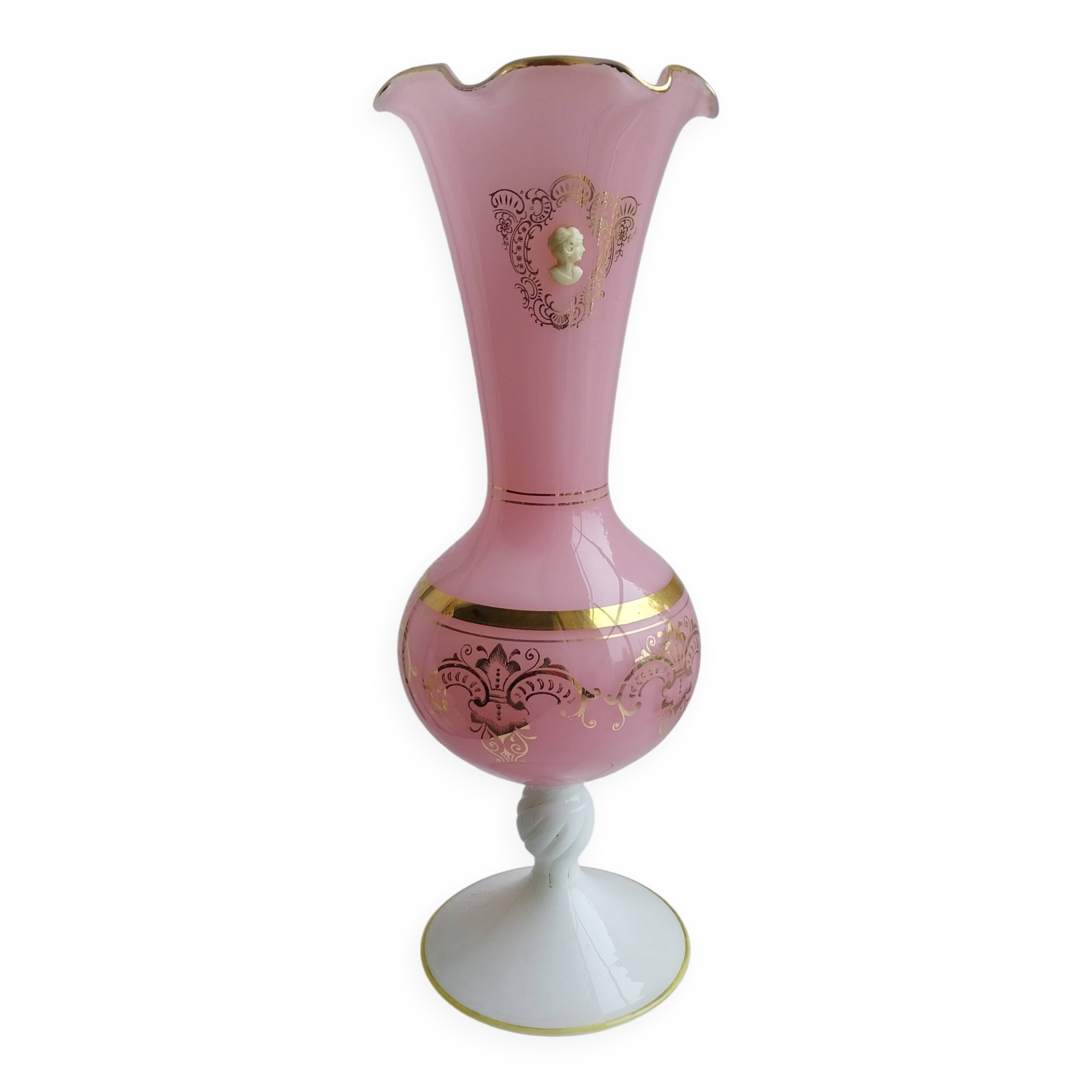 Opaline pink vase with cameo and gilding, 35cm
