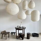 Small Japanese-style natural rattan and linen pendant light in the shape of a drop H40 D35