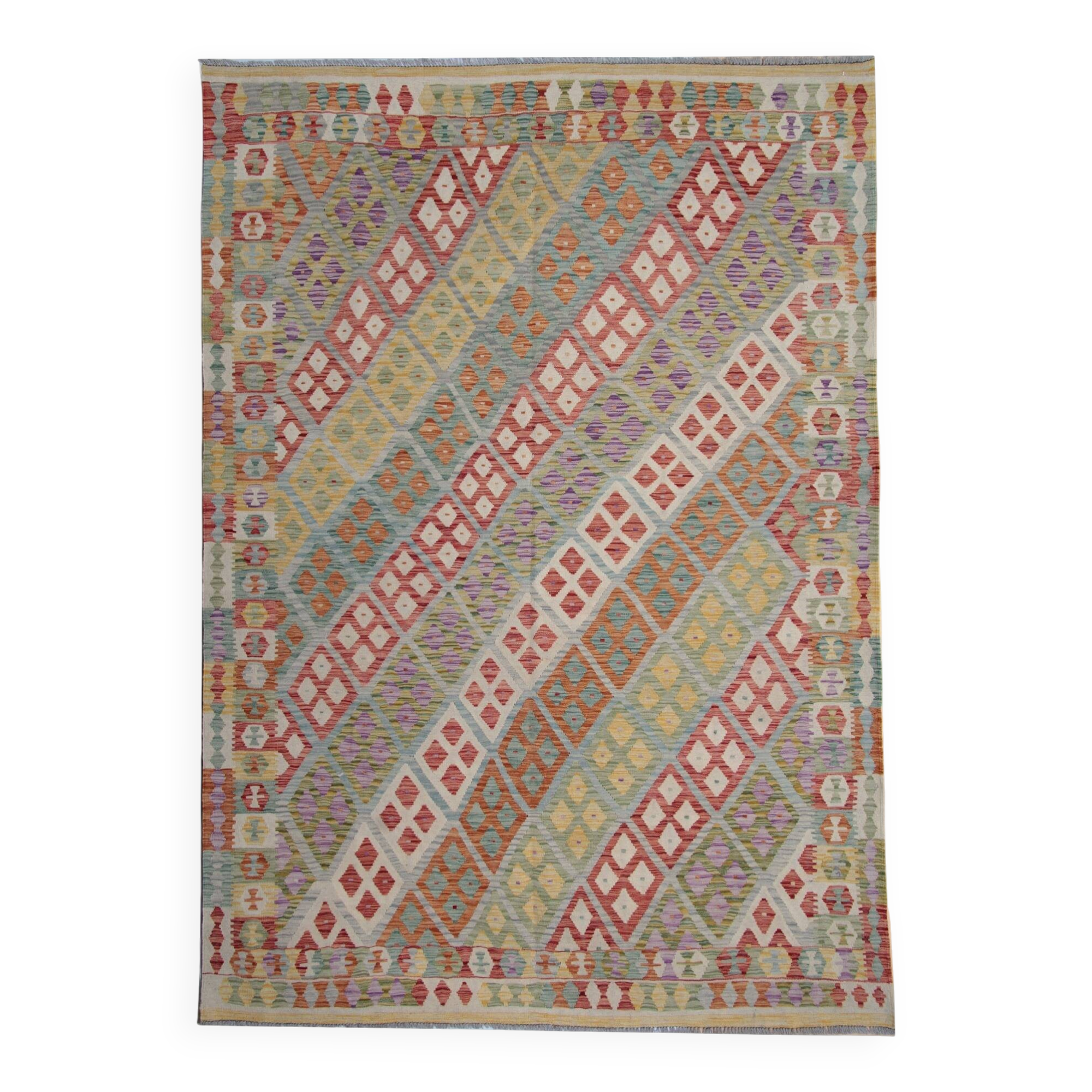 Multicolour Afghan Kilim Rug: Striped Contemporary Wool Flatweave 296x202cm