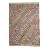 Multicolour Afghan Kilim Rug: Striped Contemporary Wool Flatweave 296x202cm
