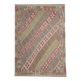 Multicolour Afghan Kilim Rug: Striped Contemporary Wool Flatweave 296x202cm