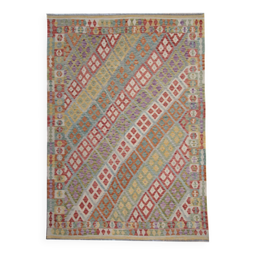 Tapis Kilim afghan multicolore : tissage plat contemporain en laine à rayures 296 x 202 cm