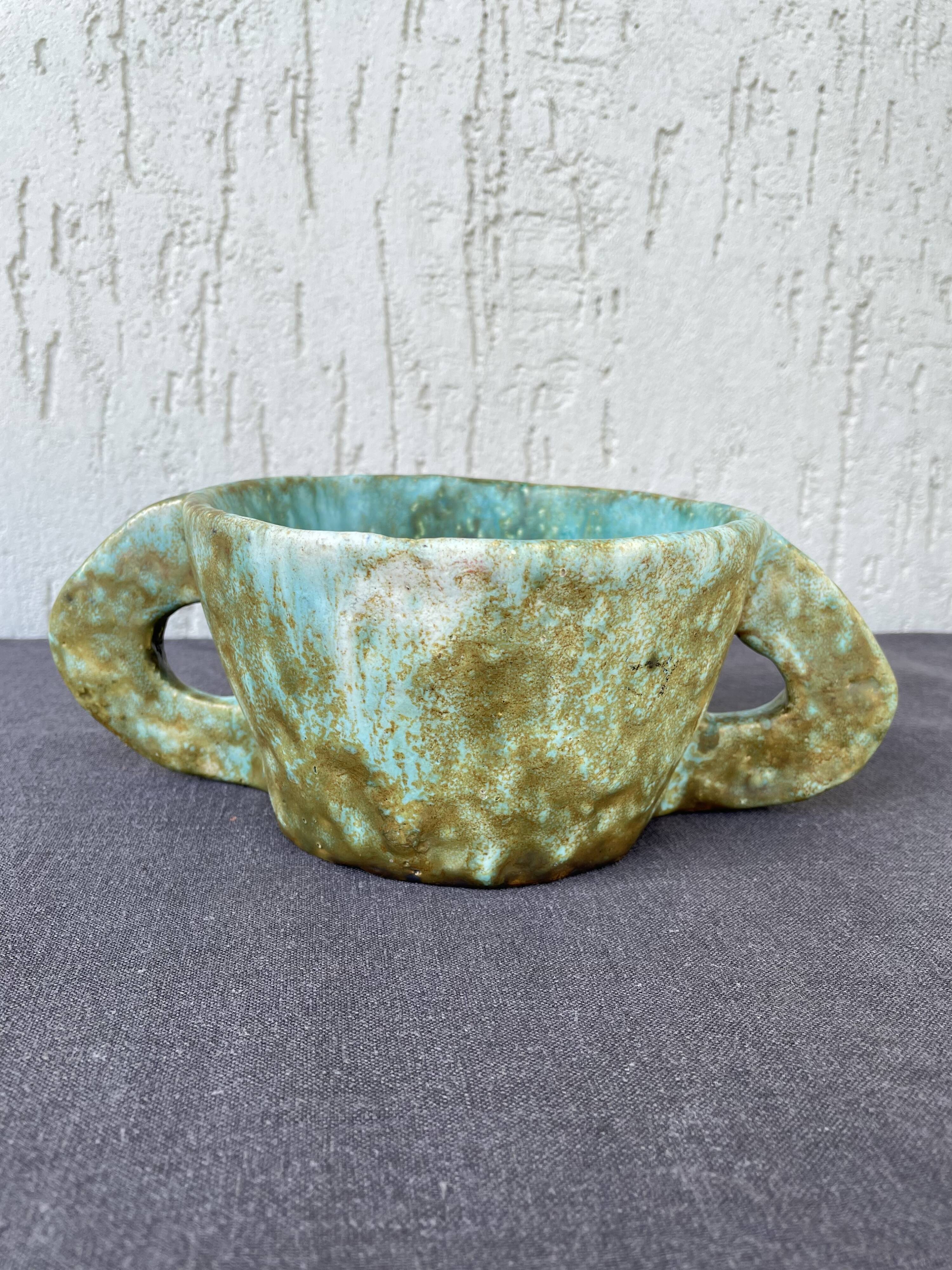 Stoneware bowl with handles, signed handmade ceramic.