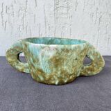 Stoneware bowl with handles, signed handmade ceramic.