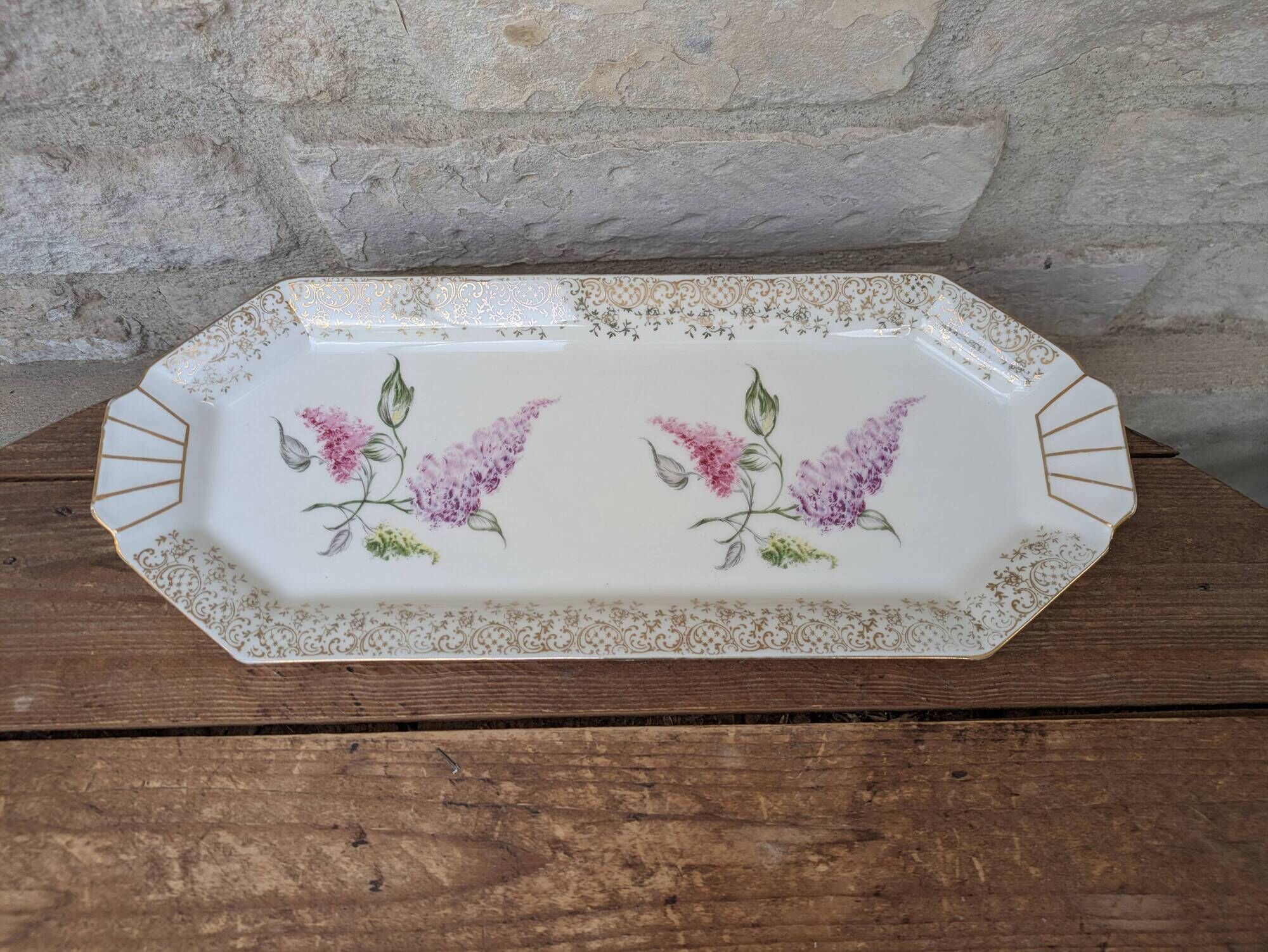 Limoges enamel porcelain cake dish LF with lilac flower decoration.