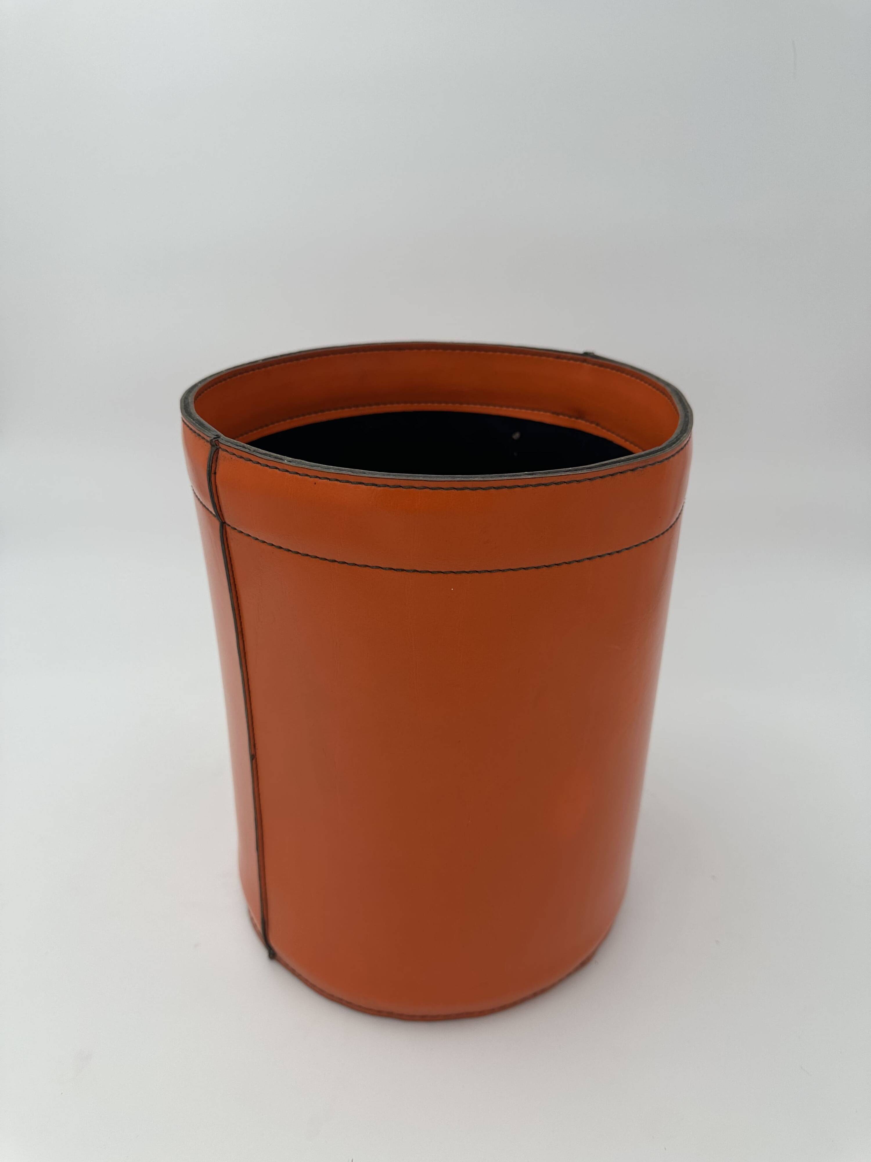 Orange Leather Waste Paper Basket in the Style of a Saddler, in the Taste of Hermès, Ann