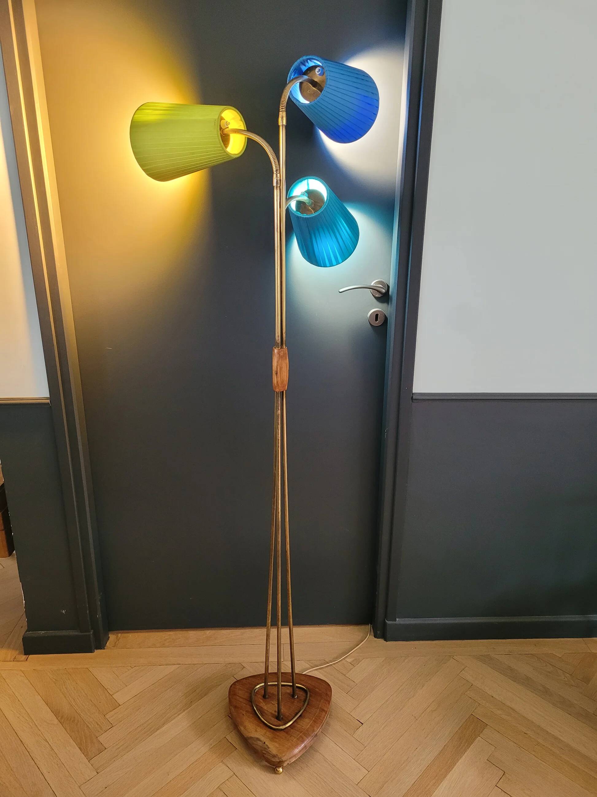 1950s three-light floor lamp with coloured shades