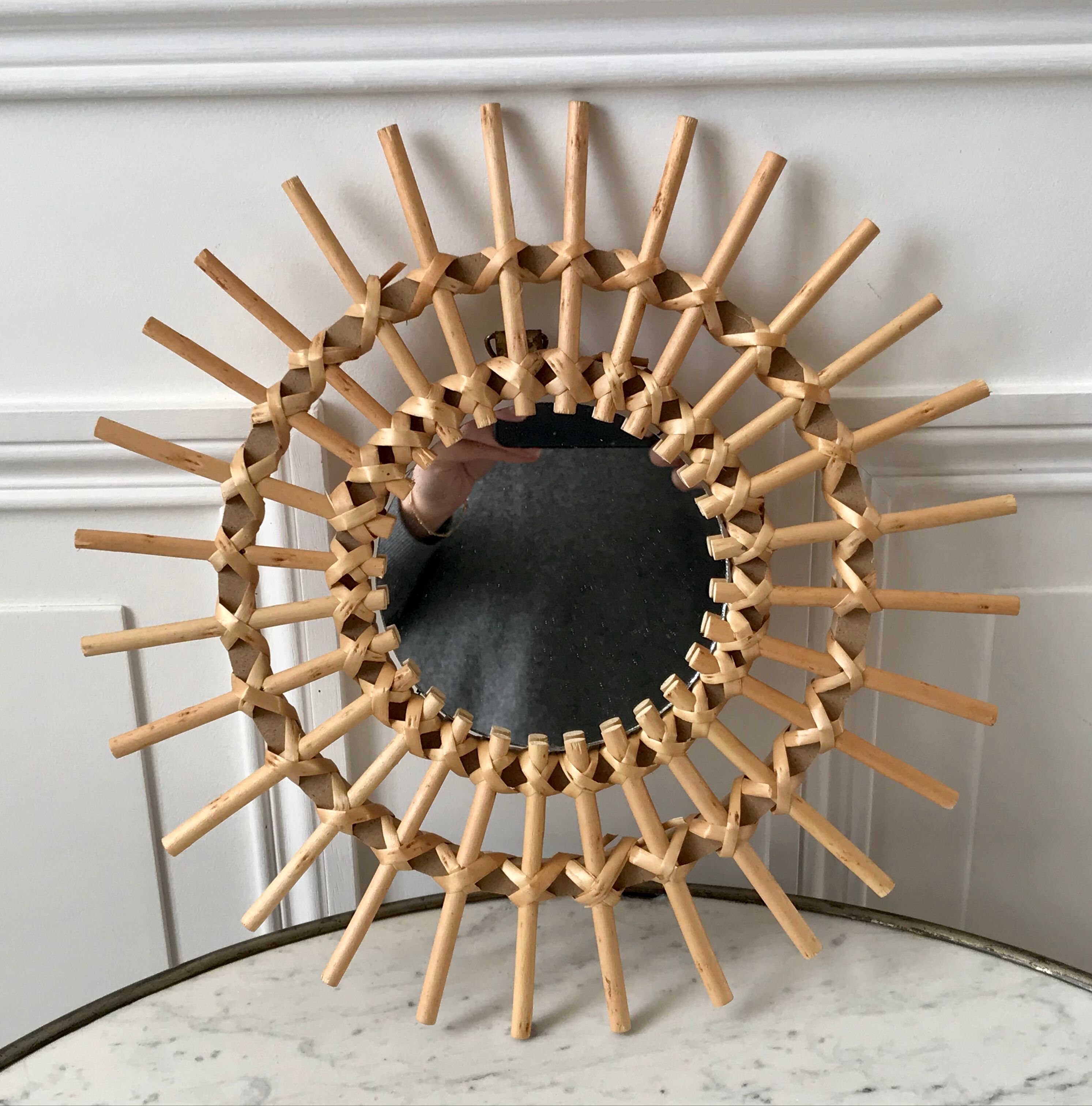 Sun mirror in rattan and bamboo 60s