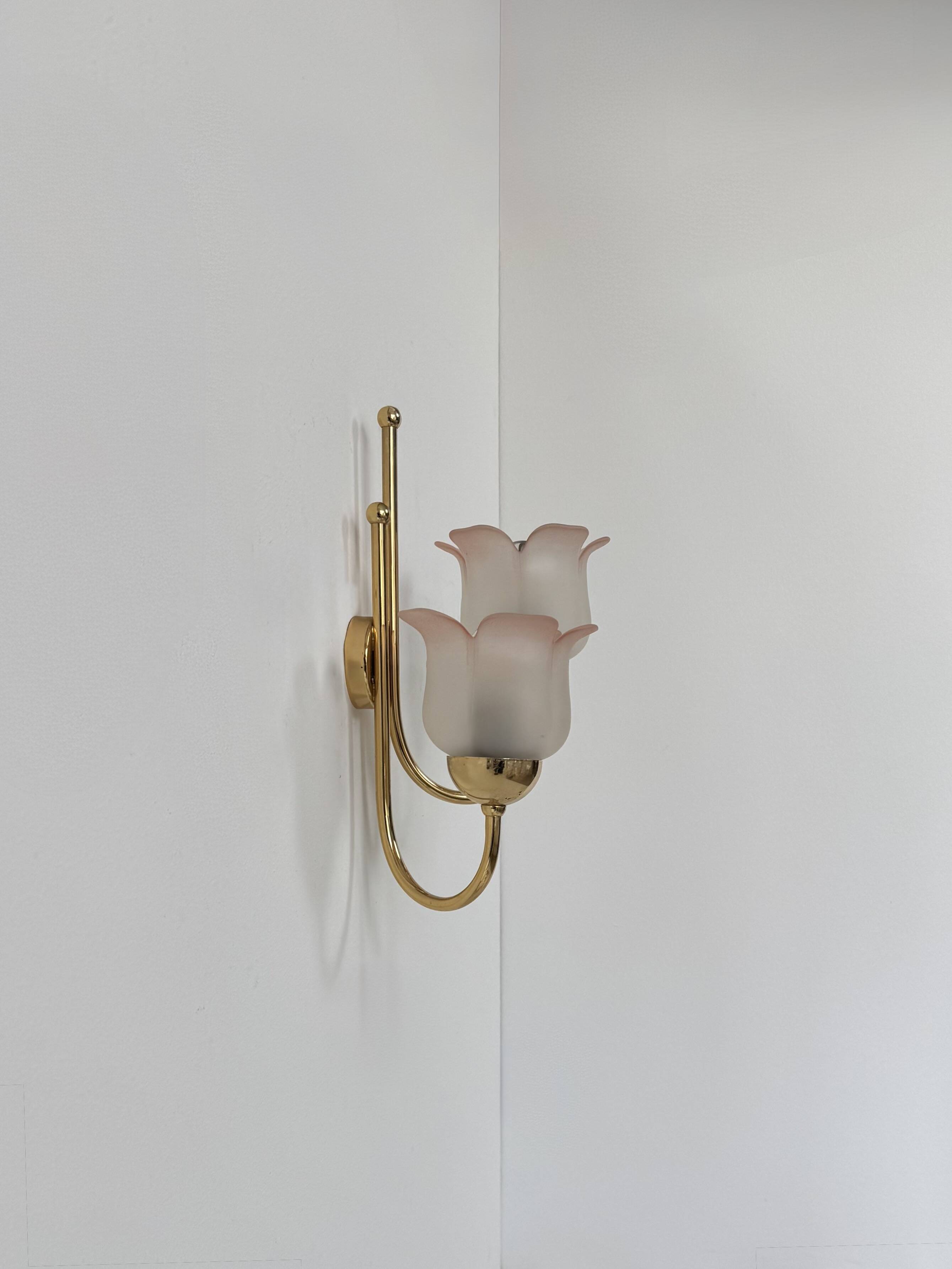 Vintage wall light, brass and frosted pink moulded glass, France, 1980.
