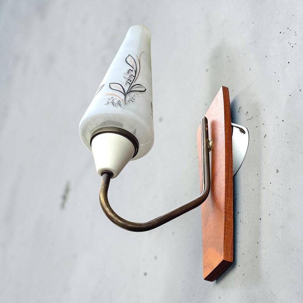 Danish Modern teak opaline glass wall sconce