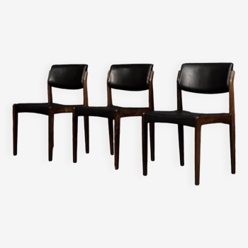 Vintage mid-century scandinavian modern rosewood & black leather chairs from bramin, set of 3