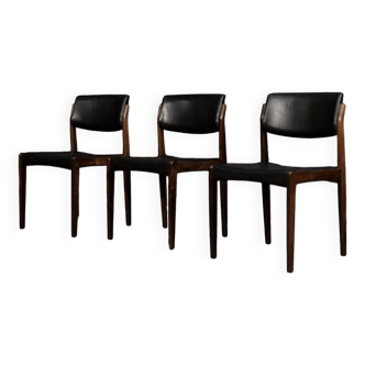 Vintage mid-century scandinavian modern rosewood & black leather chairs from bramin, set of 3
