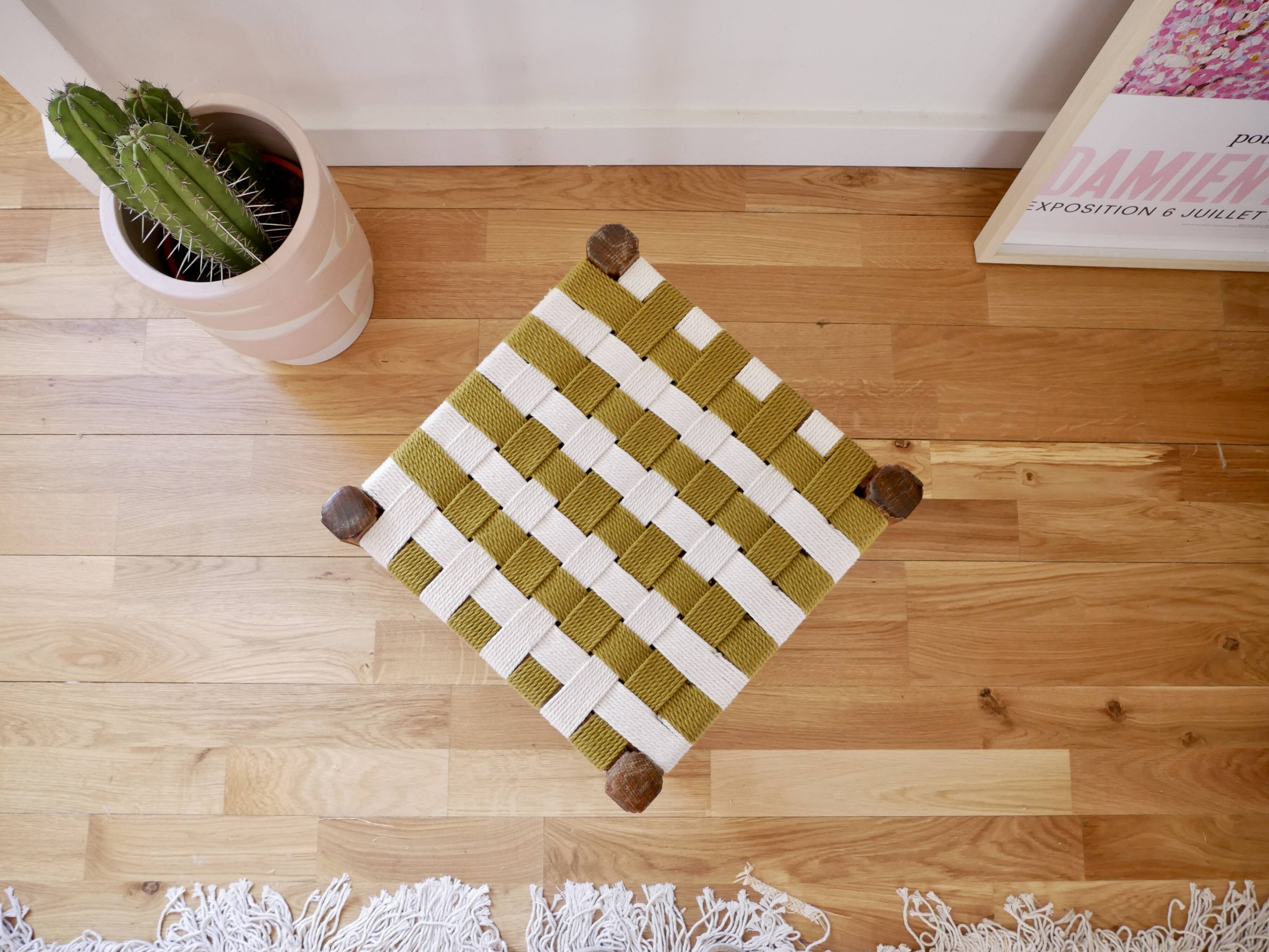 Wooden stool. Vintage stool. woven stool