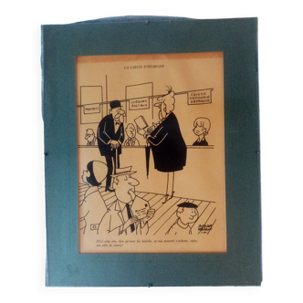 Superb and rare engraving mounted under glass signed Jacques Faizant, theme "the post office"