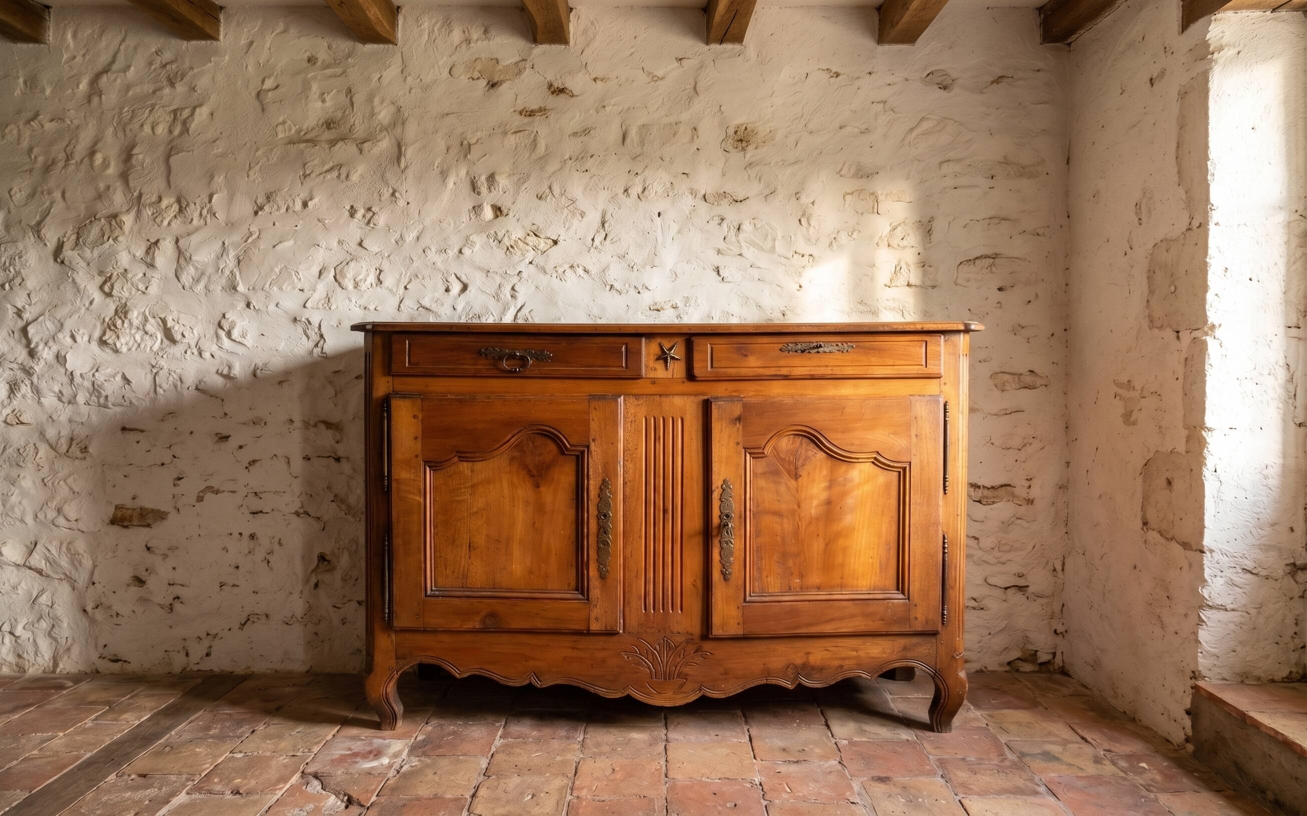 Rustic or authentic country buffet with beautiful sculptures.