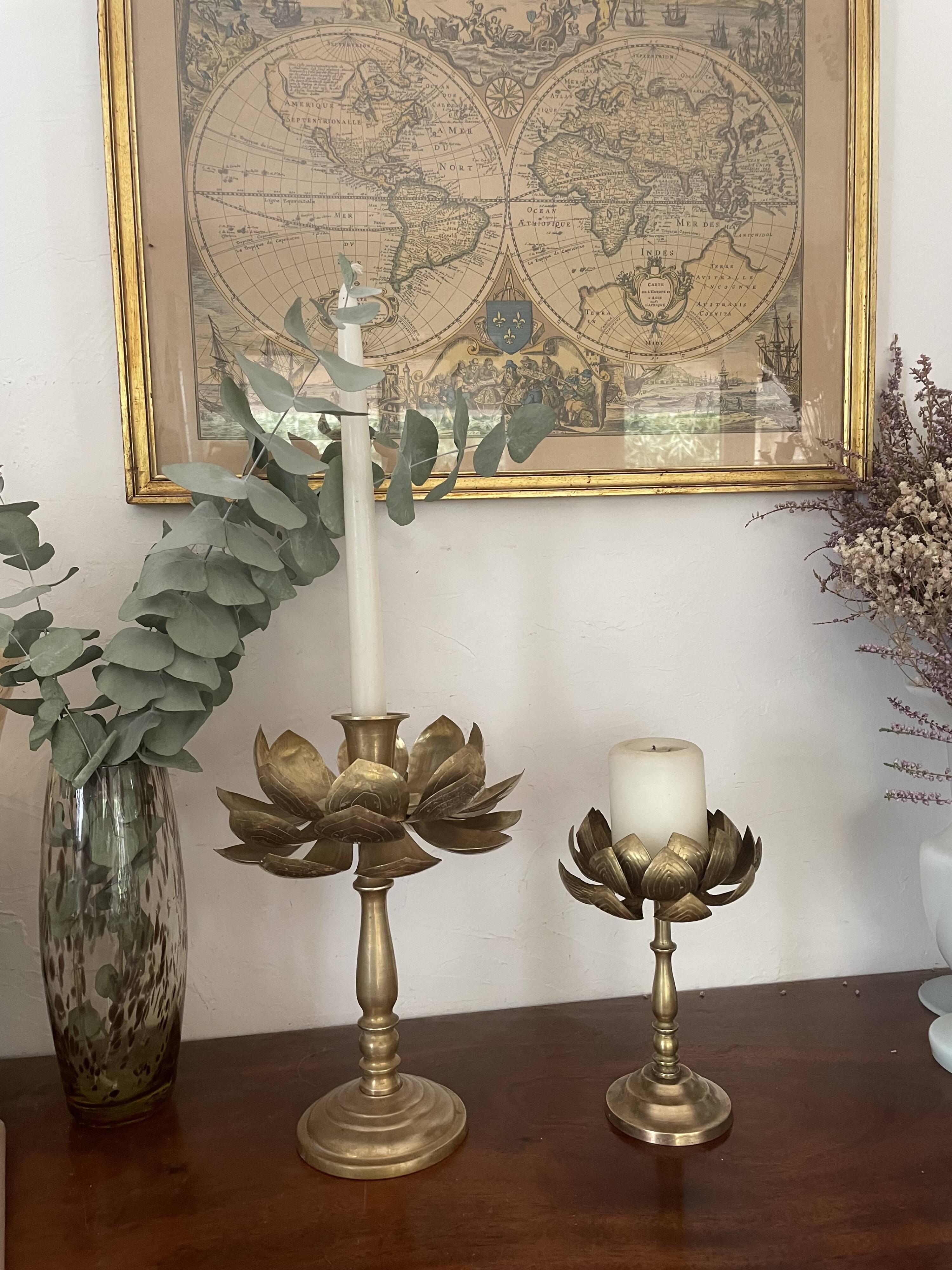 Set of two old brass lotus flower candlesticks