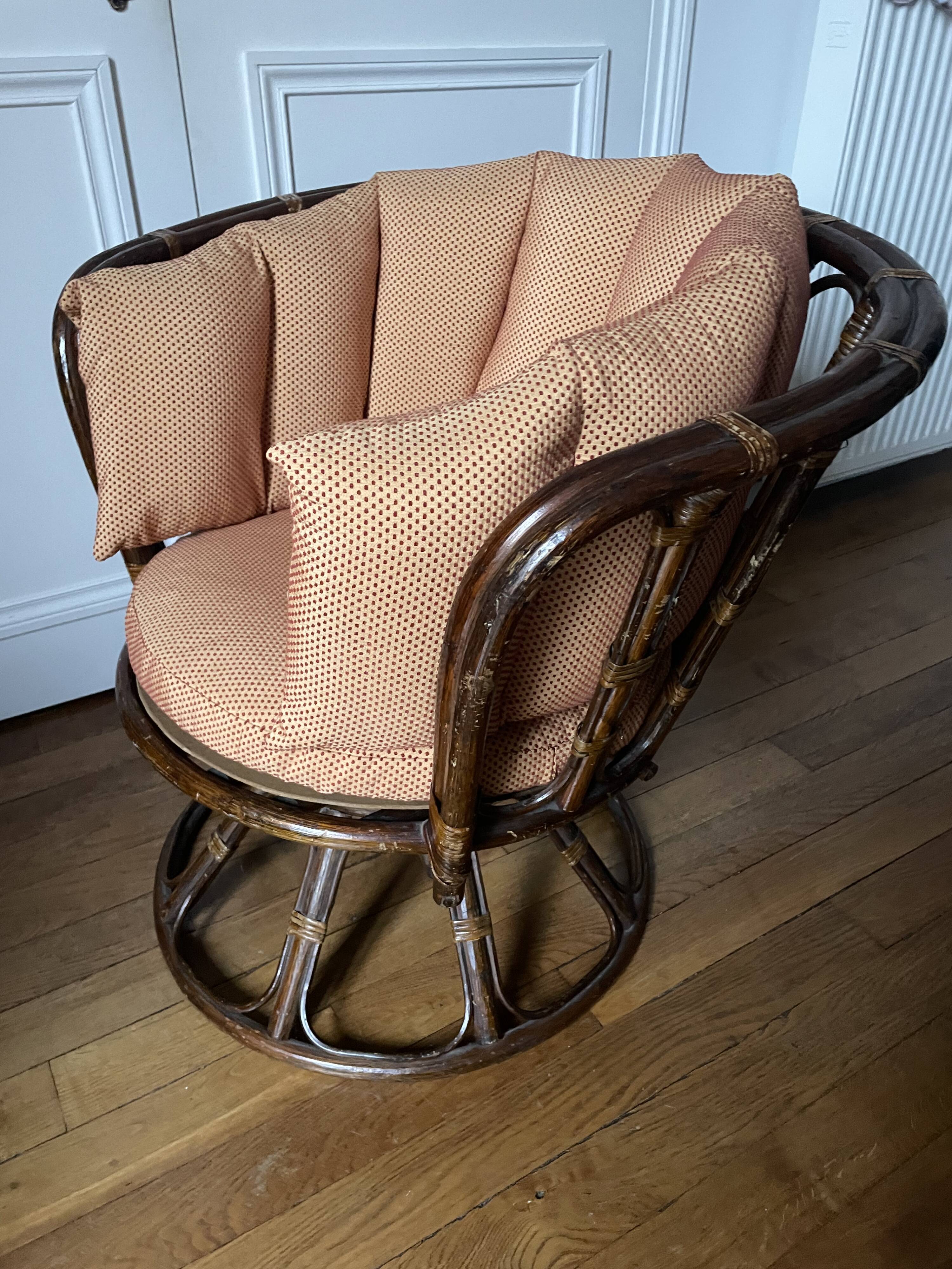 Fauteuil pivotant rotin et osier vintage