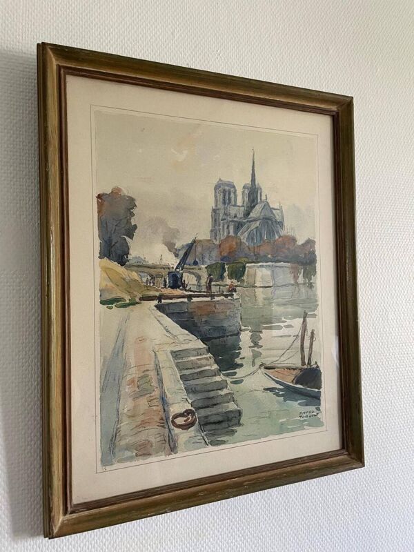 Aquarelle sur papier Notre Dame - Pierre Thibault XXème s.