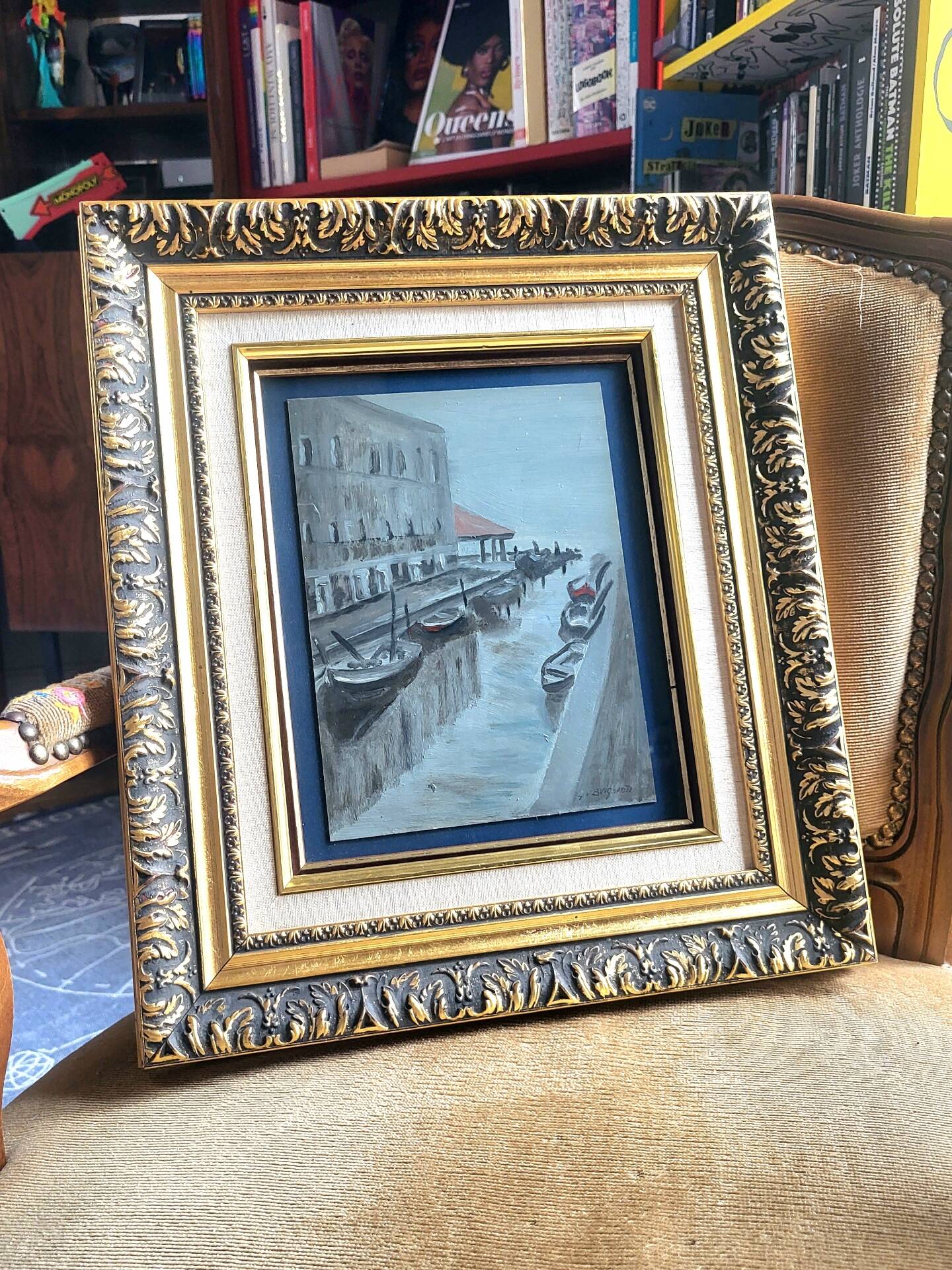Venice Painting – Oil on old cardboard signed G. Brighenti – Frame