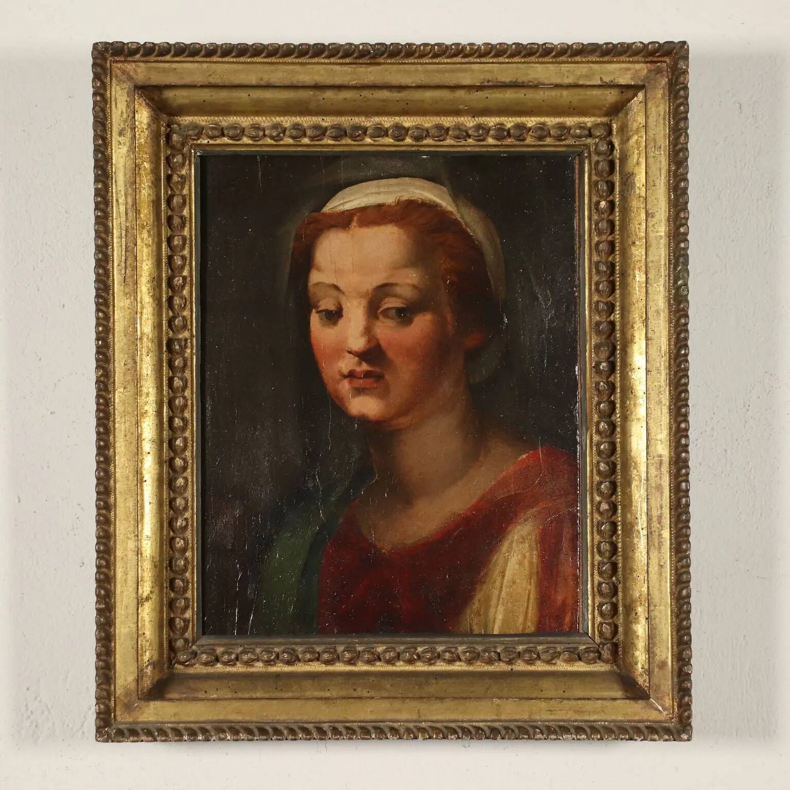 Ancient painting Female head attributed to A. Del Sarto, tempera on wood