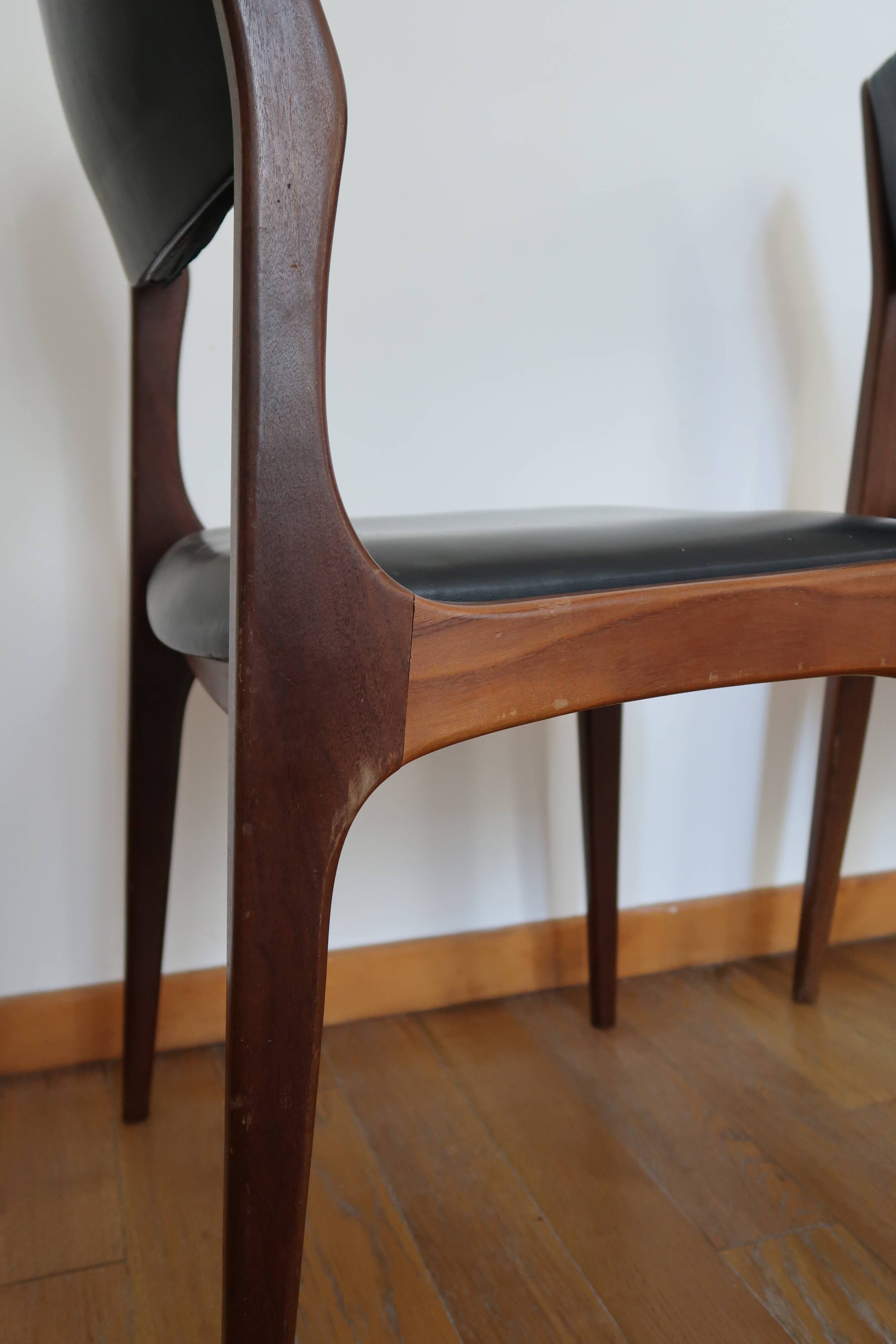 Series of 3 Scandinavian teak and skai chairs