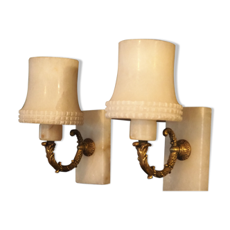 Pair of curved alabaster and bronze appliques