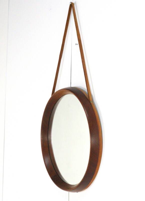 Round teak danish mirror with leather strap